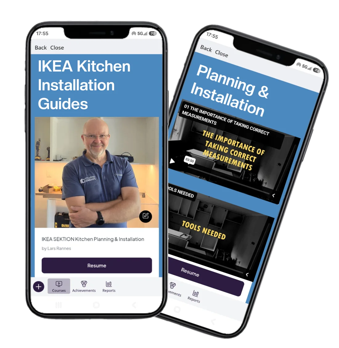 The IKEA Kitchen Installation Guides course shown on two phones, with the Planning and Installation video lessons